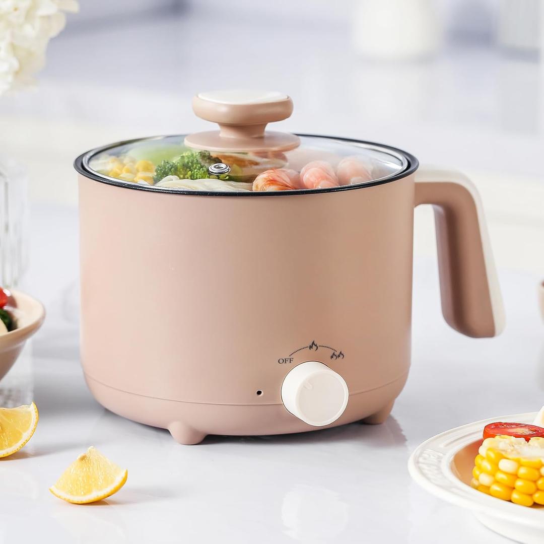 Hot Pot Electric 1.5L, Portable Ramen Non-Stick Cooker for Noodles, Soup, Oatmeal, Ramen Pot with Boil Dry Protection for Dorm, Office, Travel