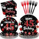 96Pcs Black Red 45th Birthday Decorations - Black and Red Plates and Napkins Happy Birthday Party Disposable Tableware for 1980 Women Men Vintage 45th Birthdays Party Decorations Serves 24