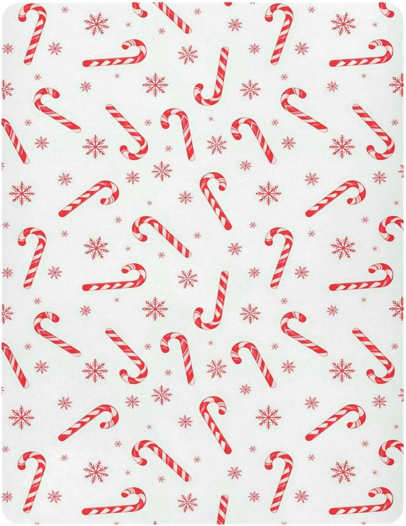 Pfrewn Christmas Crib Sheets for Boys Girls Red Candy Cane Snowflakes Fitted Crib Sheet Fits Standard Crib Mattress Pads Winter Pattern Stretch Soft Toddler Baby Sheet,52x28IN