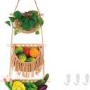 3 Tier Hanging Fruit Basket for Kitchen, Handmade Woven Cotton Hanging Wall Basket for Fruit Vegetable with 6 Hooks, BOHO Style Over the Door Organizer for Bathroom Bedroom
