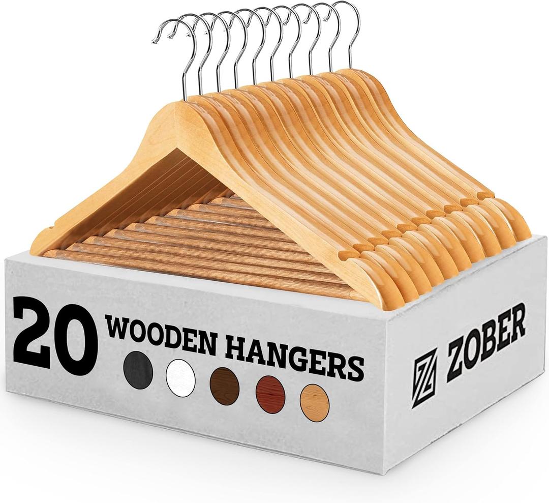Wooden Hangers - 20 Pack, Heavy Duty, Non Slip Wood Hangers for Coats, Jackets, Suits, & Pants - Clothes Hangers for Closet W/Bar and Notches (Natural)