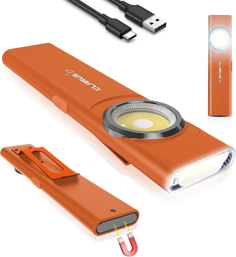 klarus E5 Pocket Flashlight, Rechargeable EDC Flashlight, Super Slim 4.2x1x0.3inch, 600 Lumens, USB-C Port, IPX4, Dual Light Source with Magnetic Base, Hat & Clothes Clip - Orange