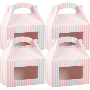 Restaurantware Bio Tek 8.5 x 4.8 x 5.5 Inch Gable Boxes For Party Favors, 25 Attractive Gift Boxes - Striped Design, With Clear PET Window, Pink And White Paper Barn Boxes, Built-In Handle