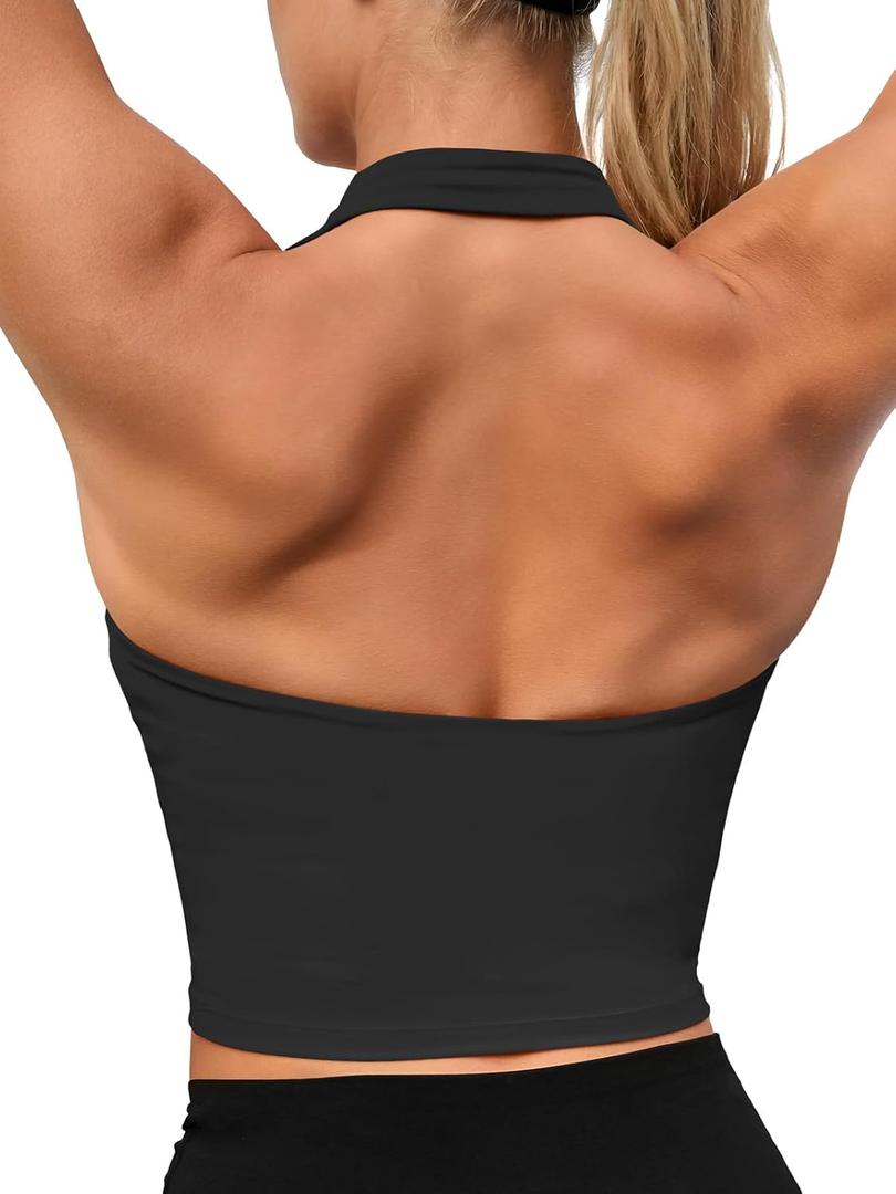 Aoysky Womens Buttery Soft Halter Workout Tank Tops with Built in Bra Cropped Padded Open Back Gym Longline Sports Bras (Medium, Black)