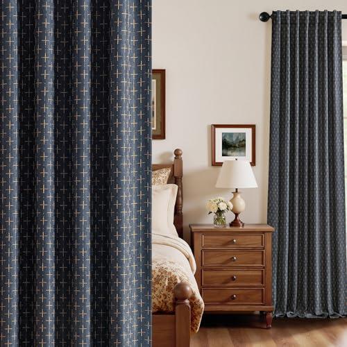 MIULEE 100% Blackout Decorative Linen Curtains with Geometric Pattern, Thick Woven Farmhouse Rustic Patterned Drapes with Back Tab for Bedroom and Living Room, Blue, 52 x 108 Inches, 2 Panels