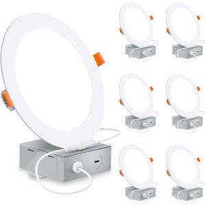 6 Inch Ultra-Thin LED Recessed Lighting with Junction Box, 3000K Warm White Canless Downlight, 12W=110W Eqv, Dimmable LED Ceiling Lights, 850LM, ETL Certified, 6 Pack