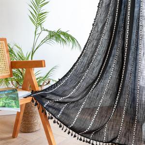 RoomTalks Black Boho Farmhouse Curtains for Bedroom Living Room 96 Inch Length 2 Panles, French Country Halloween Gothic Cute Textured Window Curtain Panels Bohemian Vintage Tassel Draperies