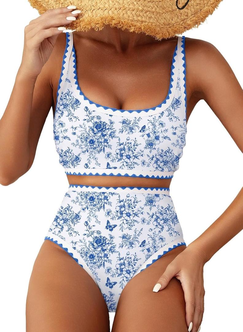 Herseas Women's Bikini Sets Floral Print Whip Stitch 2 Piece Swimsuits High Waisted Scoop Bathing Suits (Blue, L)