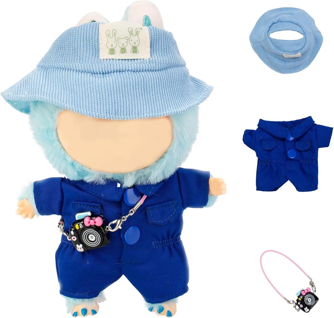 17cm Doll Clothes for labubu, Blue Dolls Outfit Set Includes Hat and Onesie (No Doll)