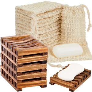 Umigy 40 Pcs Soap Bag and Holder Kit - Sisal Soap Saver Bags, Bamboo Wood Holder Tray for Shower Bath Use (Beige,Charcoal)