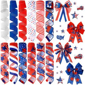 12 Rolls 60 Yards 4th of July Patriotic Ribbon Stars and Stripes Burlap Wired Edge Ribbon White Blue Red Decorative Crafts for Independence Day Memorial Day Gift Wrapping DIY Bow Craft