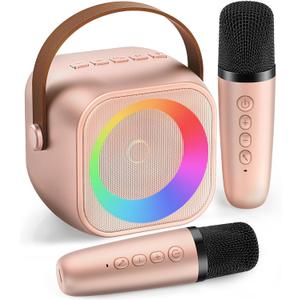 Mini Karaoke Machine, Portable Bluetooth Karaoke Speaker with 2 Wireless Microphones and Party Lights for Kids and Adults, Birthday Gifts for Girls Boys Family Home Party (Rose Gold)