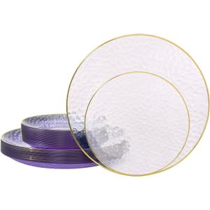 realluck 50 Pcs Clear Purple Plastic Plates with Gold Rim, Elegant Hammered Disposable Dinnerware Set (25 Dinner Plates & 25 Salad/Dessert Plates) for Party, Wedding, Bridal Shower