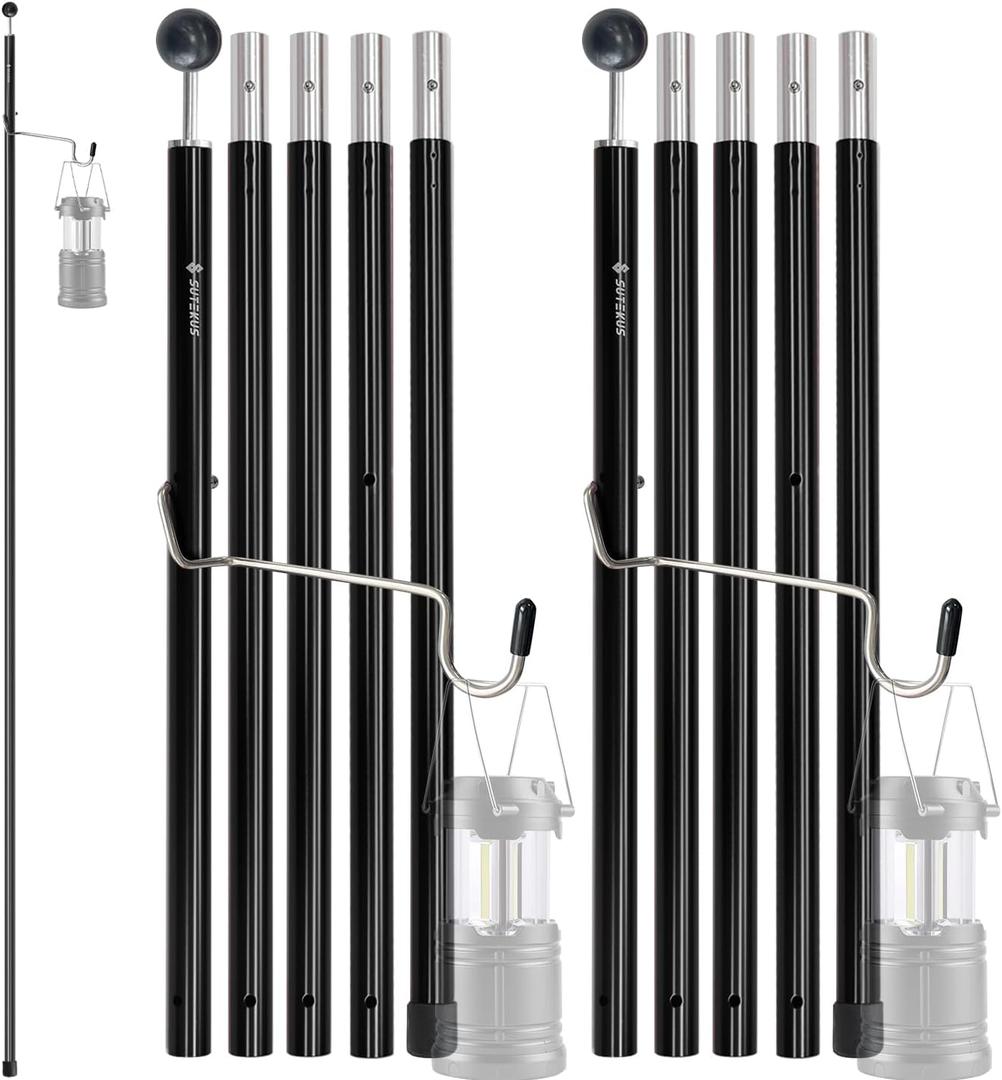 Sutekus Aluminum Poles Tarp Poles Replacement Accessories 5 Section Multifunction Aluminum Rod with Lantern Hook for Camping Shelters Canopy Support 2 Poles (Black)