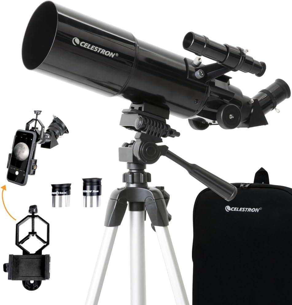 Celestron Travel Scope 80 Portable Refractor Telescope 80mm Aperture, Fully-Coated Glass Optics Includes Tripod, Smartphone Adapter, Backpack & Software Ideal for Beginners & Travel