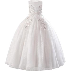 IDOPIP Flower Girl Sequin Lace Dress for Kids Wedding Bridesmaid Pageant Party Formal Long Maxi Gown Big Little Princess First Communion Birthday Prom Shiny Bow Puffy Tulle Dresses White, 13-14 Years