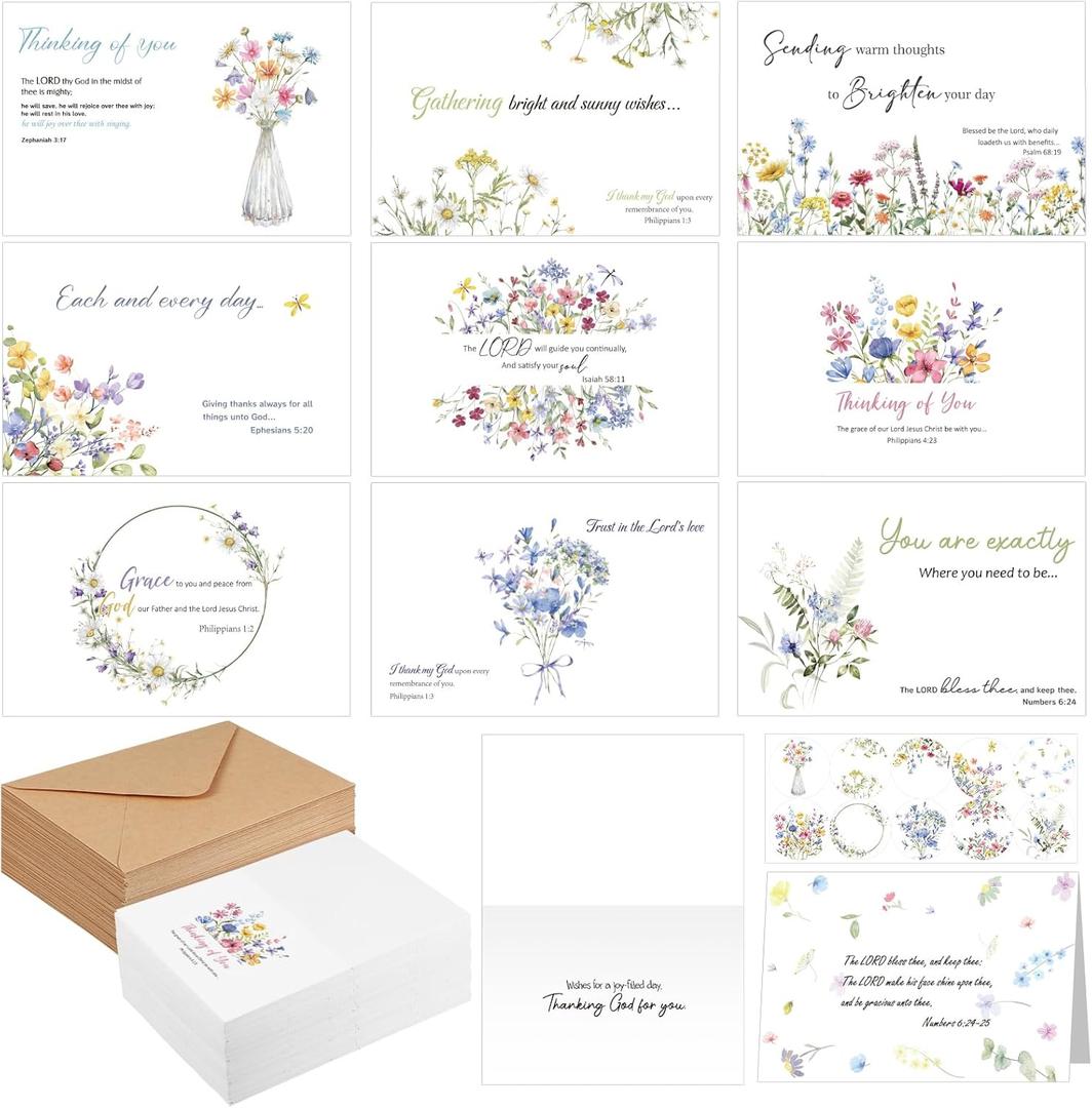 Motiskyy 50 Pack Religious Thinking of You Cards with Envelopes Bulk Christian Inspirational Thinking of You Greeting Card with Biblical Scripture Verses Blessing 10 Designs 4 x 6 Inch (Wildflower)