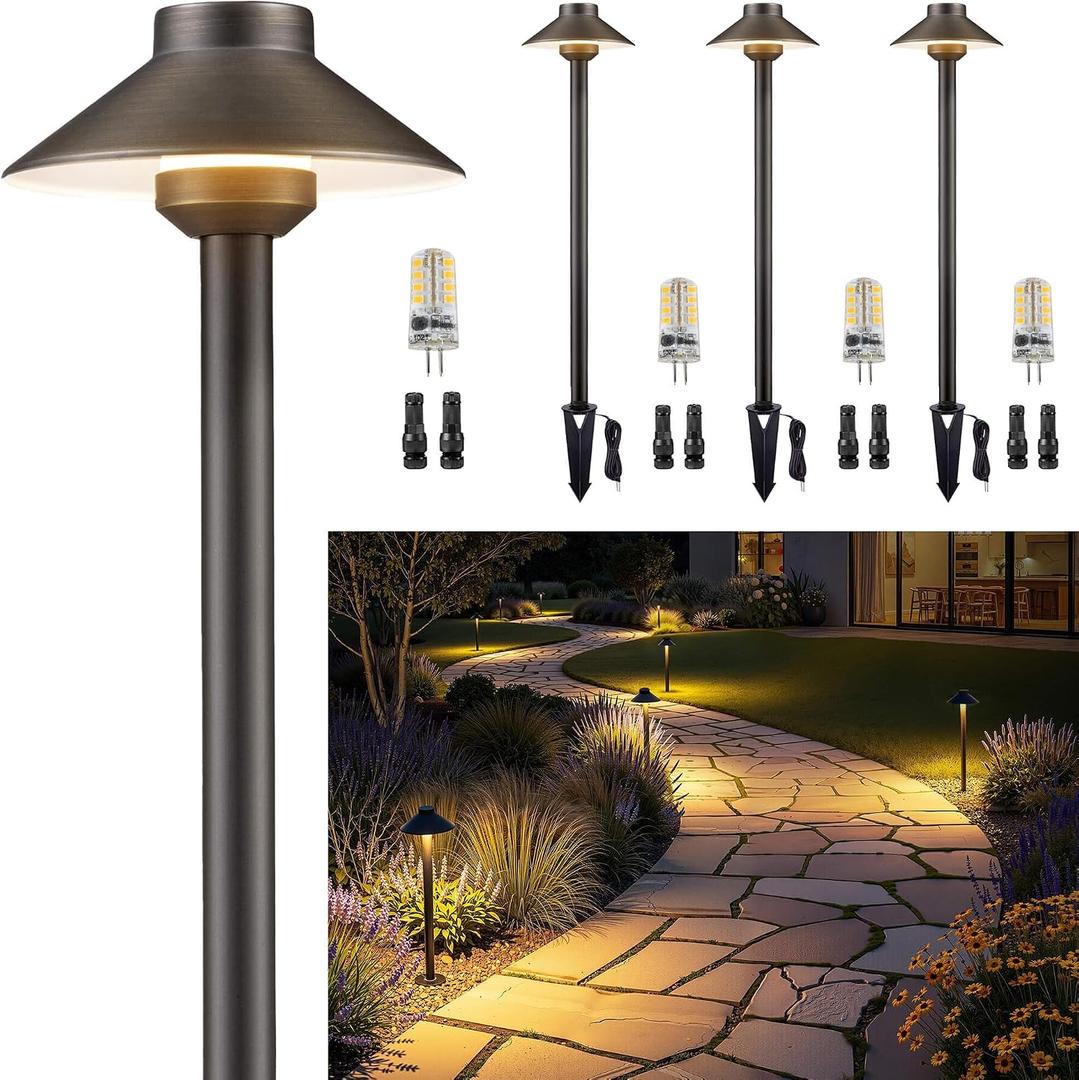 Gardenreet Low Voltage Landscape Lighting Brass - 12v Pathway Lights Waterproof, Hardwired Path Light Outdoor, Antique Bronze for Exterior Patio Garden with 3W 2700K Warm White G4 Bulb (4 Pack)