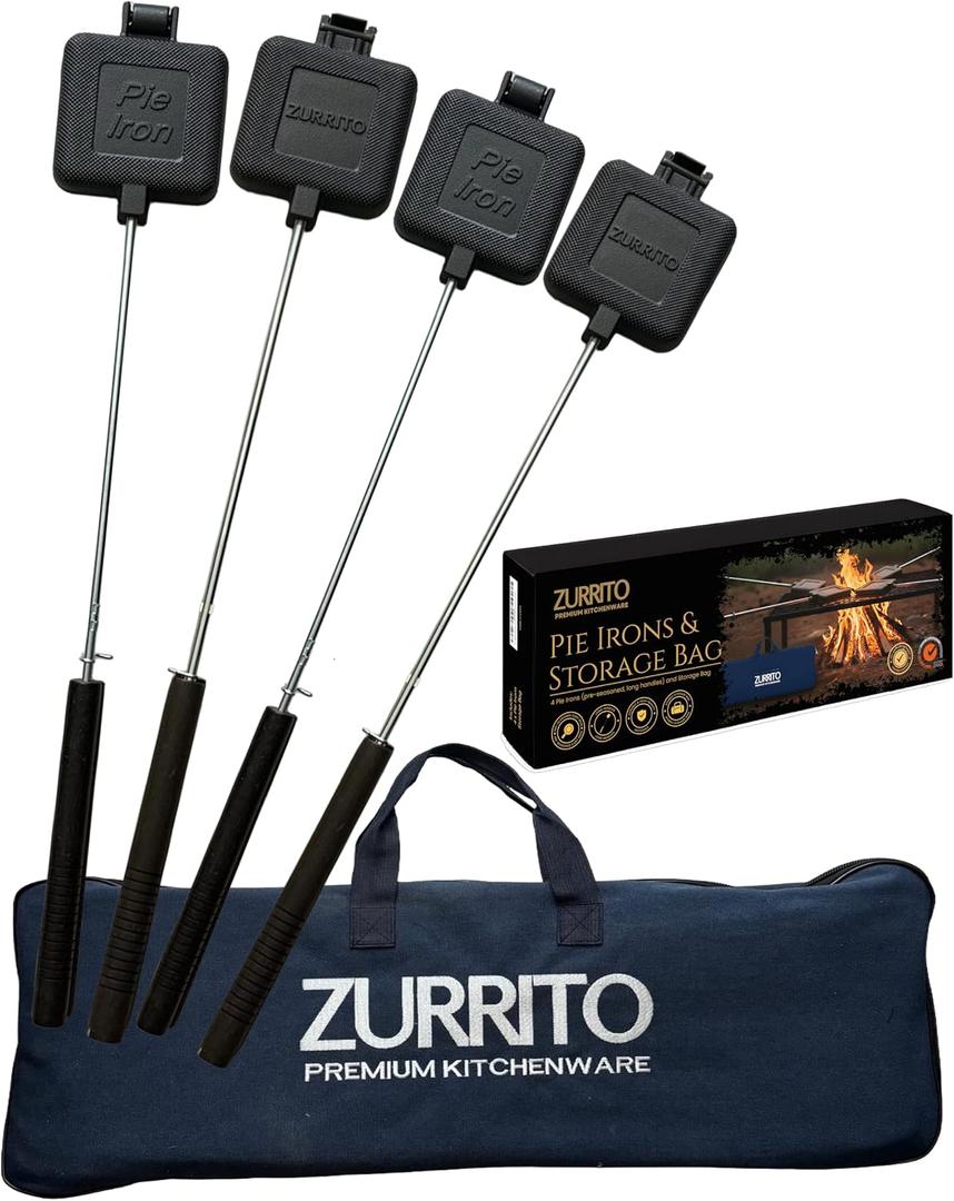 4x Campfire Pie Iron (28inches Long) Storage Bag Bundle Set, Cast Iron Pie Pan, Mountain Pie Maker, Cast Iron Sandwich Maker, Pie Iron for Camping, Campfire Sandwich Maker