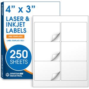 4" X 3" Matte White Printable Mailing Labels (250 Sheets, 1500 Stickers) Product Packaging Stickers and Shipping Labels for Laser & Inkjet Printers - Spartan Industrial Template R021