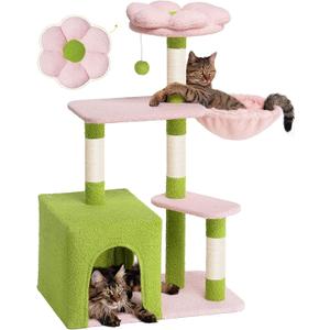 Flower Cat Tree for Indoor Cats, 2-Door Large Cat Condo Cave Bed for Big Adult Cats, 41.2'' Cute Cat Tower with Scratching Posts, Cozy Floral Perch and Hammock for Kittens, Green Pink Flower Cat Tree for Indoor Cats, 2-Door Large Cat Condo Cave Bed for Big Adult Cats, 41.2'' Cute Cat Tower with Scratching Posts, Cozy Floral Perch and Hammock for Kittens, Green Pink