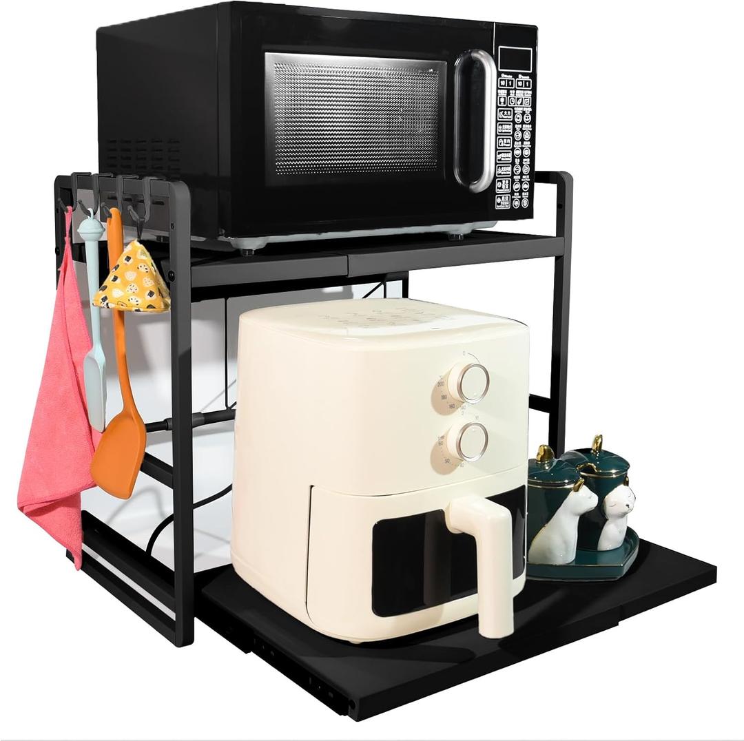 2-Tier Microwave Rack - Height Adjustable & Extendable Kitchen Shelf with Drawer - Carbon Steel - Includes Hooks & Reinforcement Suction Cups - Easy Assembly (Black)