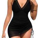 Edelqual Women One Piece Swim Dress Tummy Control Swimsuit Bathing Suit Mesh Sheer Slimming Sarong Wrap Beach Swimswear Size L