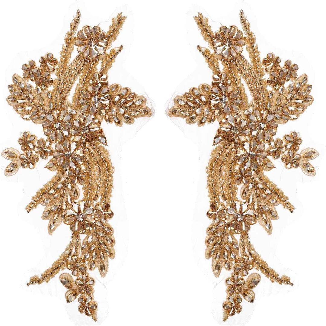 MECCANIXITY 2Pack Rhinestone Applique Patches, 11x7 Inches Champagne Lace Embroidery Patches Sew on Rhinestone Beaded Sequins for Sewing Making Dresses Wedding Banquet Evening Gown Decoration