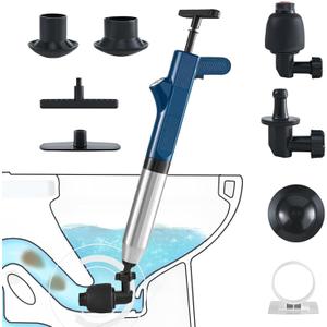 High Pressure Toilet Plunger 9PC Stainless Steel, Air Plunger for Toilet with Real-Time Barometer, Heavy Duty Toilet Unclogger for Bathroom, Sink, Floor, Kitchen Clogged (Navy Blue)