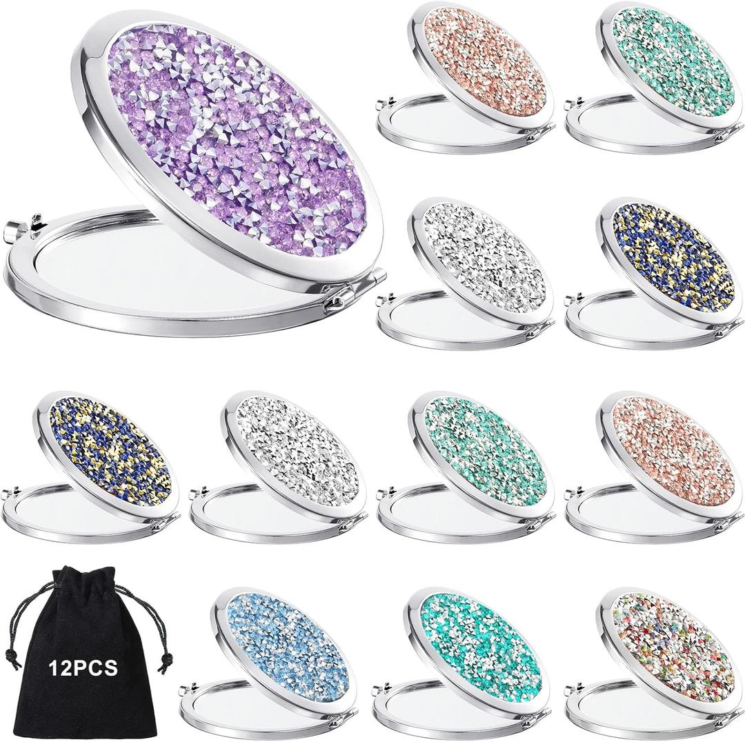 Cindeer 12 Pcs Small Compact Mirror Folding Pocket Makeup Round Hand Held Cosmetic Magnifying Compact Rhinestone Mirror with 1X/2X Magnification for Women Girls Travel (Bright Colors)