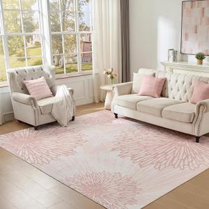 Pink Rugs for Bedroom Girls: 6x9 Modern Large Washable Soft Cute Boho Floral Pattern Area Rug Neutral Indoor Floor Non-Slip Carpet for Living Room Dining Nursery Kids Playroom Baby Room House Decor