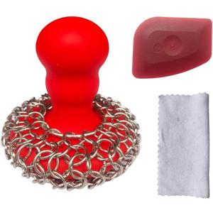 316 Upgraded Chainmail Scrubber with Silicone Handle Cast Iron Cleaner for Cast Iron Grill Pan Skillet Wok Bakeware Ergonomic to Hold Easy to Use Dishwasher Safe, Scrubber + Scraper + Towel (Red)