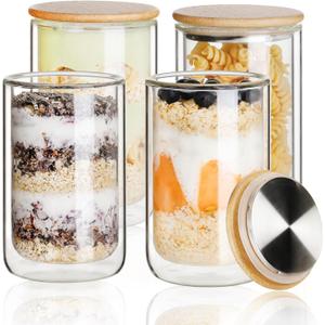 LIBWYS 4 Pack Overnight Oats Containers with Bamboo & Stainless Steel Lids, 15oz Meal Prep Jars - Double Walled High Borosilicate Glass jars for Overnight Oats, Chia Pudding Salad