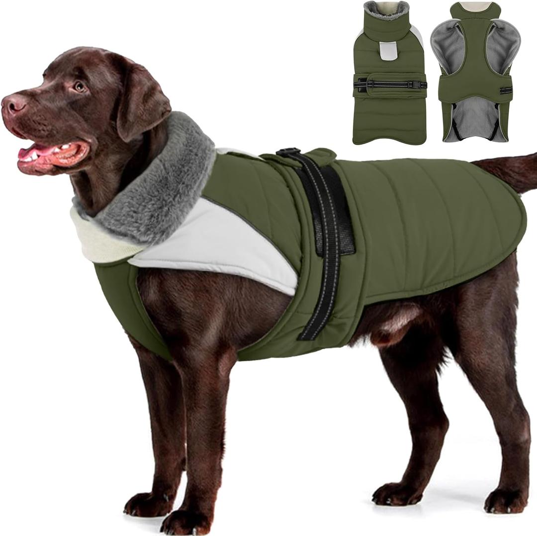 MIGOHI Dog Winter Coat - Reflective Medium Dog Snow Jacket with Thick Turtleneck,Windproof Pet Fleece Vest, Cold Weather Coat for Medium Dogs, Snowproof for Hiking,Camping, L,Army Green