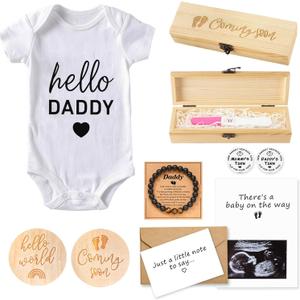 Surprise Pregnancy Announcement For Husband, Pregnancy Reveal Kit Includes Pregnancy Test Box Hello Daddy Baby Bodysuit Pregnancy Reveal Card Daddy Bracelet Decision Coin And Wooden Announcement Signs, Hello Daddy Pregnancy Announcement For Dad