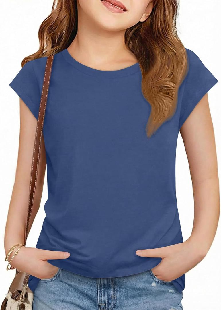 ZDC Girls Short Cap Sleeve T Shirts Kids Crewneck Summer Tops Basic Tees 5-14 Years (Blue)