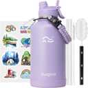 [2-IN-1 LID] 64 oz Insulated Water Bottle with Silicone Boot (48hrs Cold/24hrs Hot) - DIY Stickers, Leakproof, BPA Free, Half Gallon (Lavender)