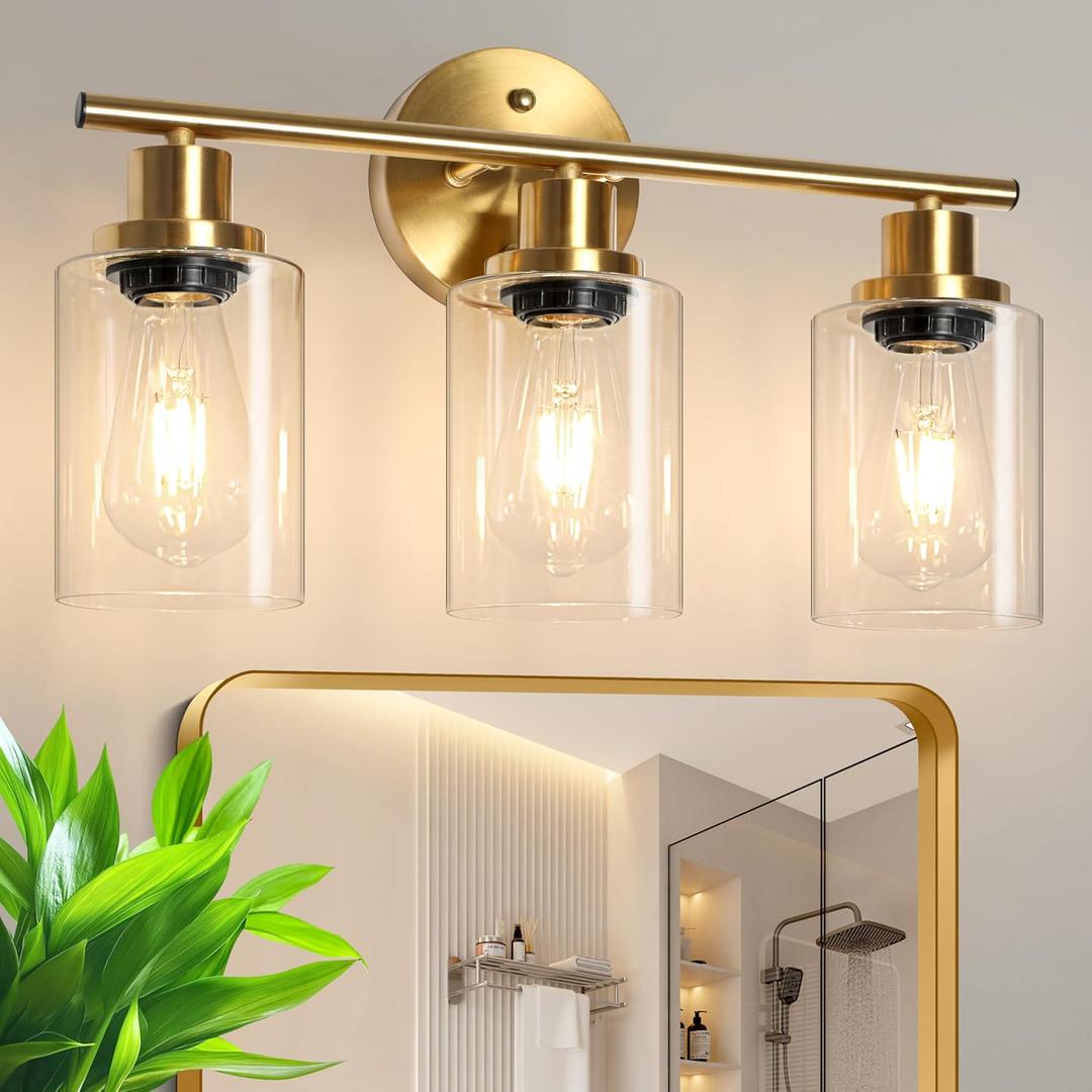 Unicozin Modern Bathroom Light Fixtures, 3 Light Vanity Lights, Gold Wall Lamp with Clear Glass for Bathroom, Mirror, Living Room, Bedroom, Hallway, E26 Base