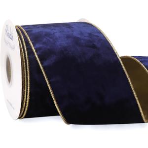 Ribbli Navy Velvet Wired Ribbon 4 Inch Metallic Navy Gold Crushed Velvet Christmas Ribbon for Gift Wrapping Christmas Tree Decoration Crafts Wreaths Supplies-Continuous 10 Yards