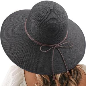 DRESHOW Beach Hats for Women Big Straw Wide Brim Summer Hat Floppy Foldable Roll up Cap Sun Hat UPF 50+ (1 Pack Bowknot Hat: Black)