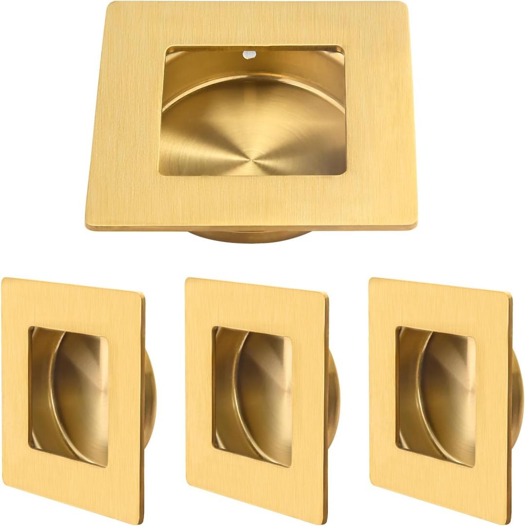 HOMOTEK Square Recessed Sliding Closet Door Finger Pulls, Inner Diameter 2-1/8 Inch(54mm), Flush Handles for Pocket Door, Barn Door Handles,Drawer pulls(Brushed Brass, 4 Pack) (Gold)