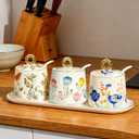 Ceramic Sugar Bowl with Lid and Spoon with Floral Pattern, Gold Trim - 7.5oz Elegant Sugar Jar with Lid and Spoon, Nordic Style for Kitchen, Dining, Cafe, Gift Idea (B)