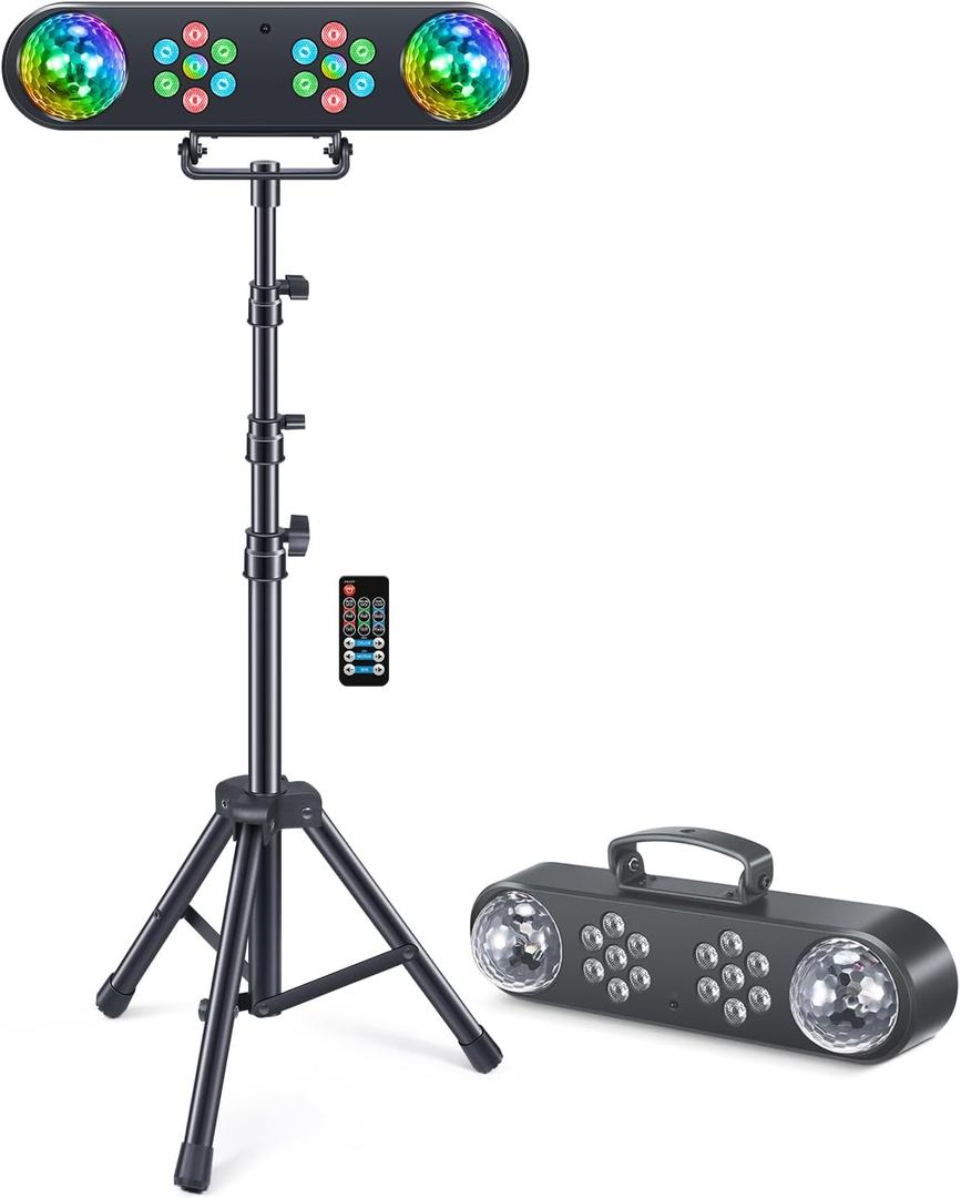 DJ Lights with Stand, Rotating Disco Ball PartyBar Light Set, LED DJ Lights Remote & Sound Activated, Mobile Stage Lighting Package, for Parties Gig Bar Move Band Wedding Halloween Christmas