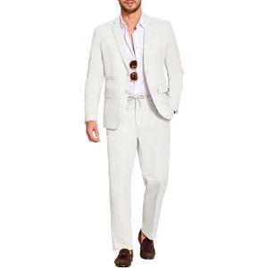COOFANDY Men's 2 Piece Linen Suits Set Regular Fit Casual Lightweight Blazer Jacket and Pants (Medium, White)
