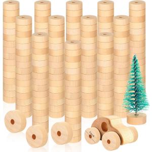 Thyle 150 Pcs Wooden Wheels Craft Bulk Wood Mini Wheels Crafts for Mini Christmas Tree Base DIY Model Cars Instrument's Clamp, Trucks(1 Inch Diameter, 3/8 Inch Thick)
