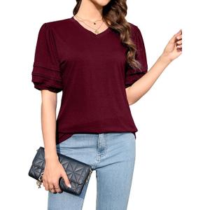 Puff Sleeve Tops for Women V Neck T Shirts Summer Business Casual Tops Loose Fit Dressy Casual Blouses (Red, XXL)