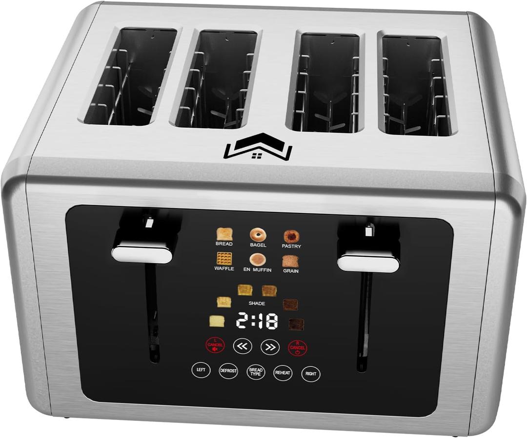 Touch screen Toasters 4 slice, Stainless Steel Digital Timer Toaster with Sound Function, 6 Bread Types & 6 Shade Settings, Smart Extra Wide Slots Toaster with Bagel, Defrost Functions,Gray