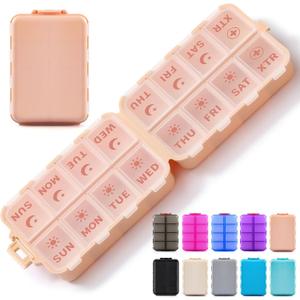 Foldable Weekly Pill Organizer 2 Times a Day with 2 Extra Compartments - Etched Labels - Portable 7 Day AM PM Medicine Box, Week Daily Travel Pill Case Holder Dispenser for Vitamin, Supplement - Pink