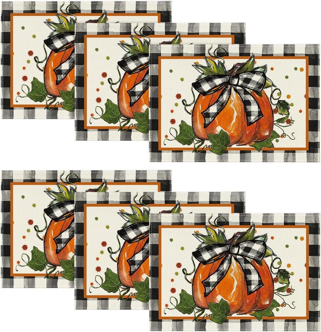 Artoid Mode Pumpkin Buffalo Plaid Fall Placemats Set of 6, 12x18 Inch Seasonal Autumn Table Mats for Table Runner Home Party Dining Decoration (Black/Orange)