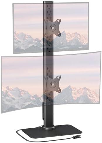 UPGRAVITY Dual Monitor Stand with Built-in Power Outlet, Vertical Stack Freestanding Monitor Mount for 13-32 inch Flat Curved Computer Screen, Metal Base, Height Adjustable, Max VESA 100x100mm